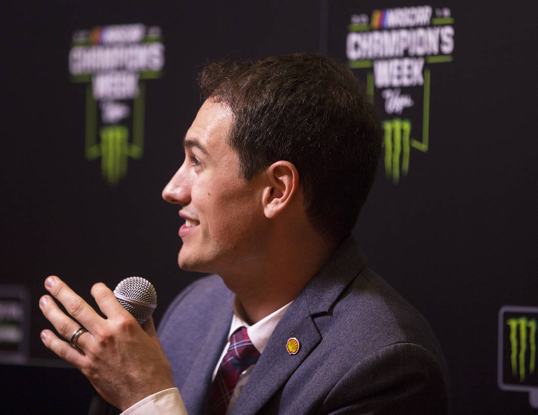 Driver Joey Logano speaks to the media after the NASCAR NMPA Myers Brothers Awards at Encore Theater on Wednesday, Nov. 28, 2018, at Wynn Las Vegas, in Las Vegas. Benjamin Hager Las Vegas Review-J ...