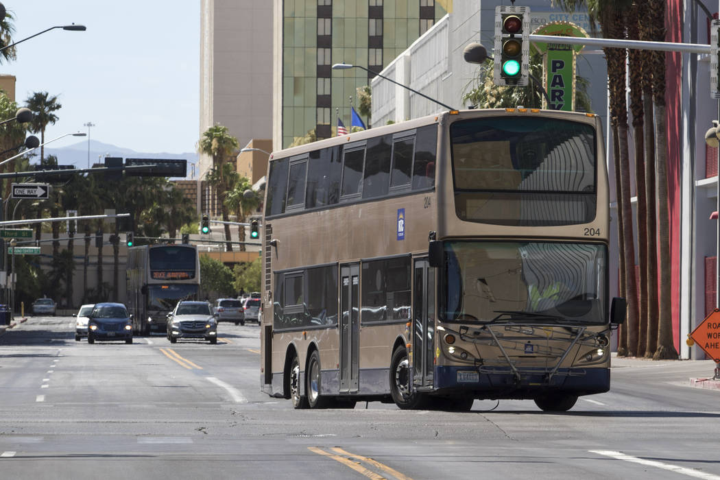 An RTC bus turns onto North Las Vegas Boulevard from East Carson Avenue in downtown Las Vegas on Friday, June 9, 2017. (Richard Brian/Las Vegas Review-Journal) @vegasphotograph