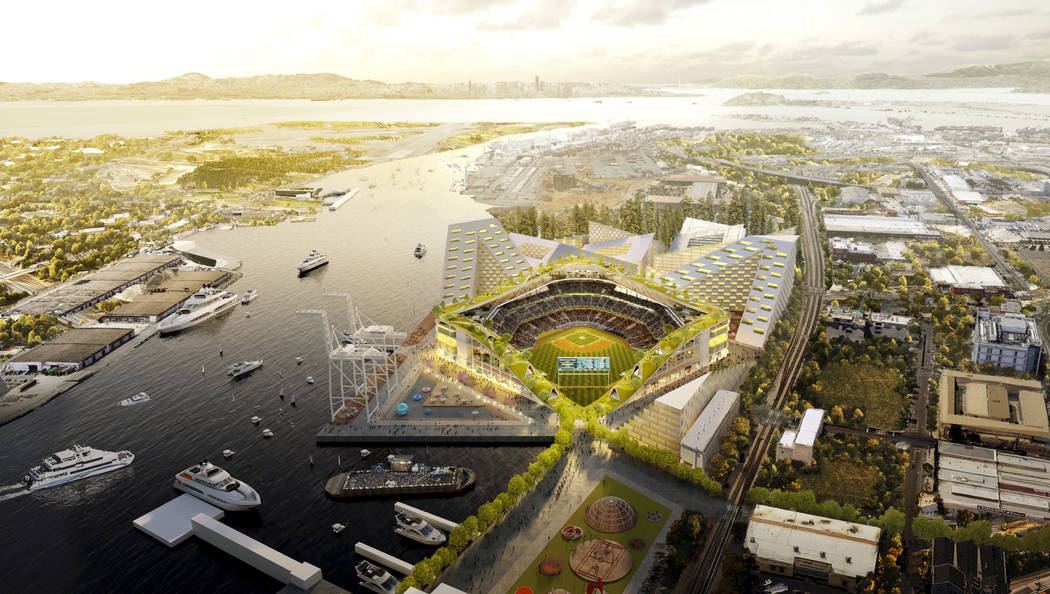 This rendering released Wednesday, Nov. 28, 2018, by the Oakland Athletics shows an elevated view of the baseball club's proposed new at Howard Terminal in Oakland, Calif. (Courtesy of BIG - Bjark ...