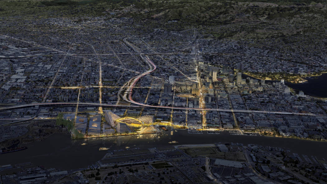 This rendering released Wednesday, Nov. 28, 2018, by the Oakland Athletics shows an elevated night time view of the baseball club's proposed new ballpark at Howard Terminal in Oakland, Calif. (Cou ...