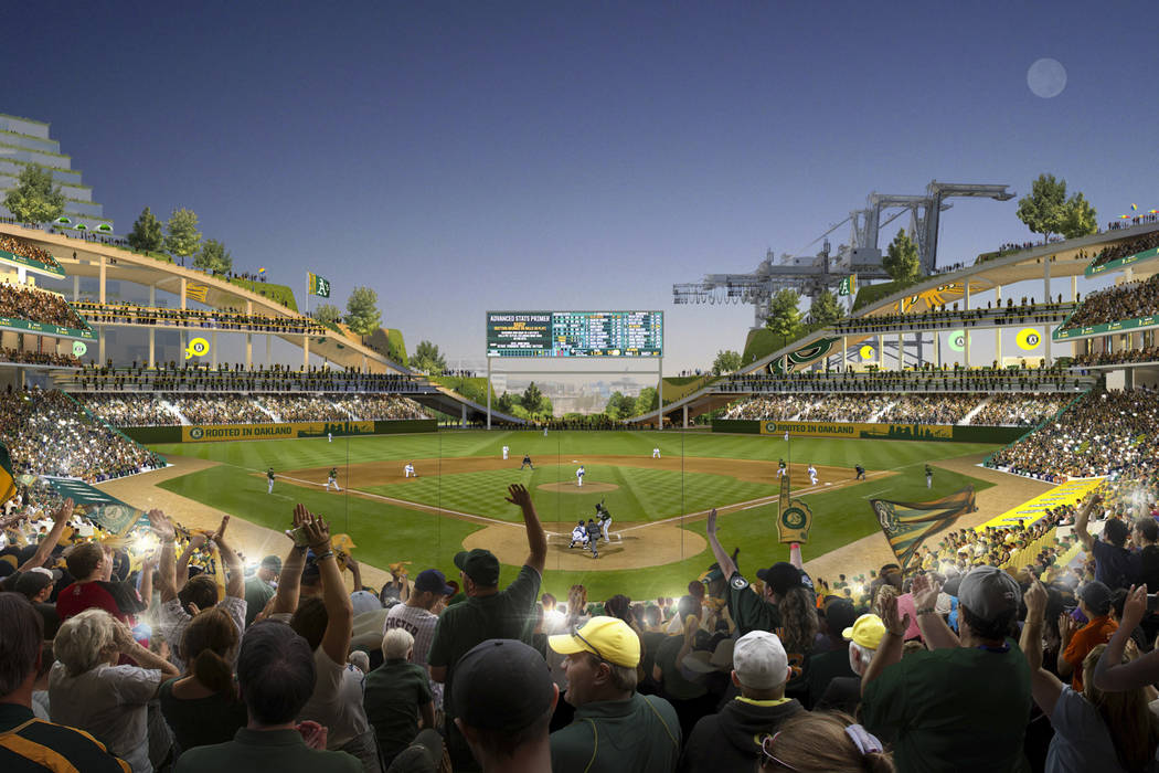 This rendering released Wednesday, Nov. 28, 2018, by the Oakland Athletics shows an interior view of the baseball club's proposed new ballpark at Howard Terminal in Oakland, Calif. (Courtesy of BI ...