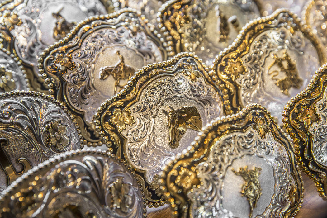 Custom belt buckles from Gist Silversmiths at Cowboy Christmas on Thursday, Dec. 7, 2017, at the Las Vegas Convention Center. Benjamin Hager Las Vegas Review-Journal @benjaminhphoto