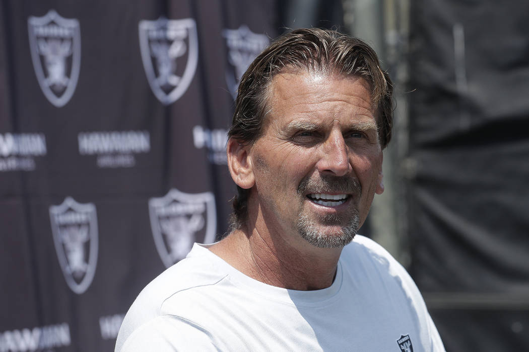 Oakland Raiders offensive coordinator Greg Olson speaks at a news conference after an NFL football practice in Napa, Calif., Saturday, July 28, 2018. (AP Photo/Jeff Chiu)