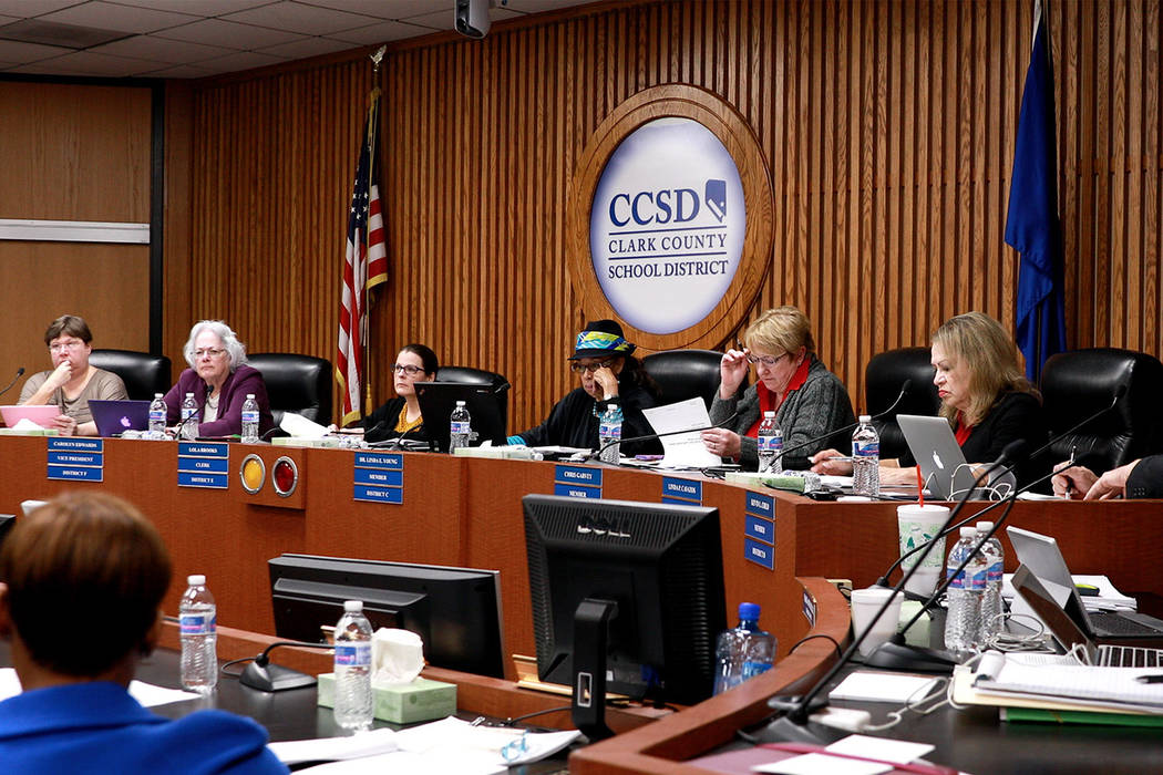 Members of the Clark County School Board discuss matters on the agenda at the Edward Greer building on Flamingo Road in Las Vegas on Thursday, Feb. 22, 2018. Andrea Cornejo Las Vegas Review-Journa ...