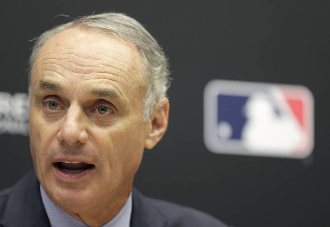 Baseball Commissioner Rob Manfred speaks during a news conference at MLB headquarters in New York, Tuesday, Nov. 27, 2018. (AP Photo/Seth Wenig)