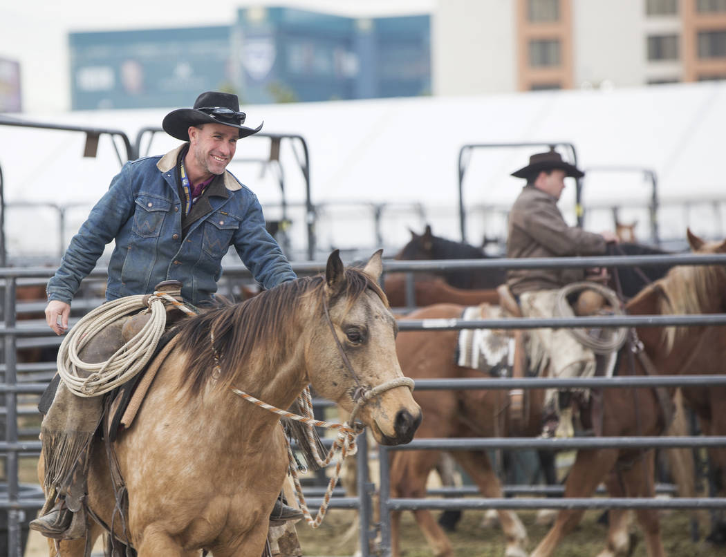 Clint Potts, left, from Sand Springs, Mont., exercises saddle horses on Tuesday, Dec. 4, 2018, at the UNLV Intramural Field, in Las Vegas. Benjamin Hager Las Vegas Review-Journal