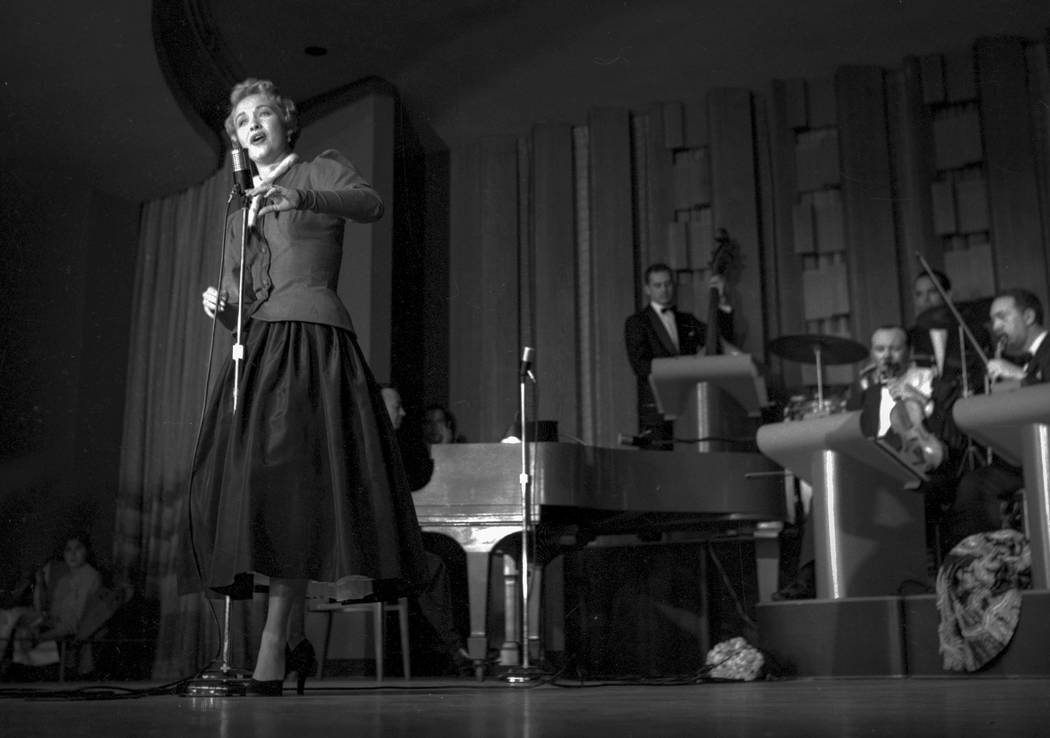 Jane Powell during the Danny Thomas show for the opening of the Sands Hotel, 12/17/52. By the second night of his two-week run, Thomas, overwhelmed by all the press coverage and unaccustomed to su ...