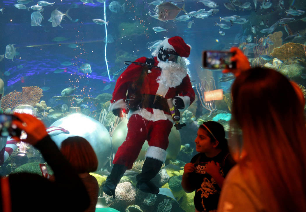 Underwater Santa greets the crowd at Silverton hotel and casino in Las Vegas, Sunday, Dec. 2, 2018. He and the Christmas mermaid are in the aquarium every Saturday and Sunday in December from 12 p ...