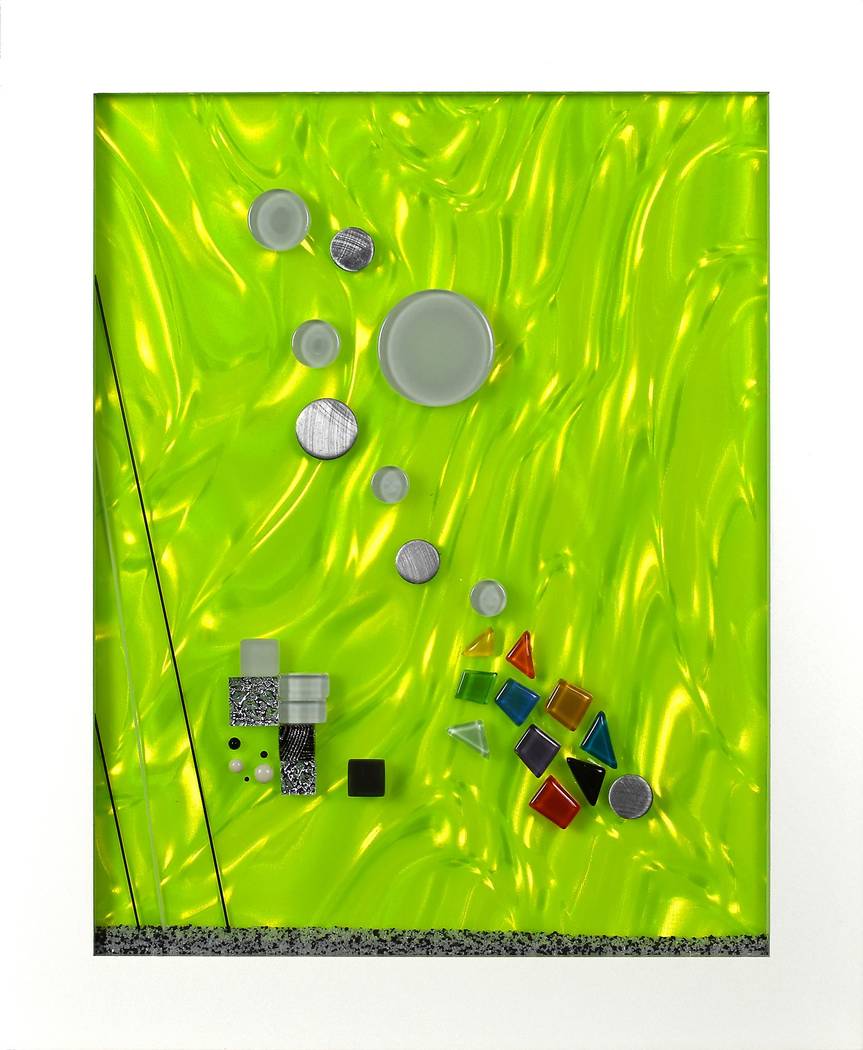 Manfred Peter O’Hare, The Green Milieu, silver metallic paper, green lenticular lens, glass rods, glass micro beads, metal and glass elements, 11” x 14” x ½”, 2018. (CSN Art & Art History ...