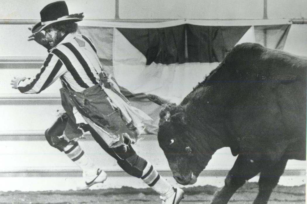 Clown dodges a bull at the National Finals Rodeo in 1985. (File Photo/Las Vegas Review-Journal)
