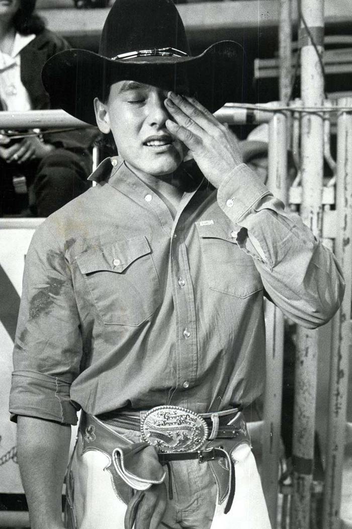 Ted Nuce reacts to a victory during the NFR on December 16, 1985. (Wayne Kodey/Las Vegas Review-Journal)