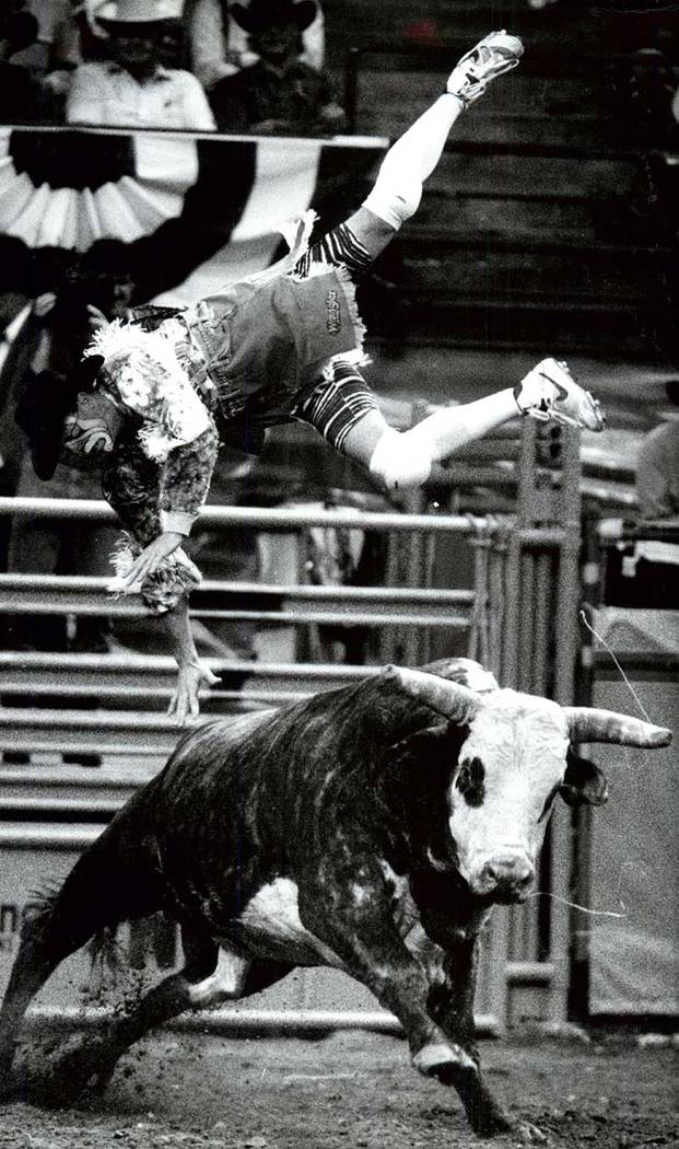 A clown flies over a bull at the NFR in Las Vegas in 1992. (File photo/Las Vegas Review-Journal)