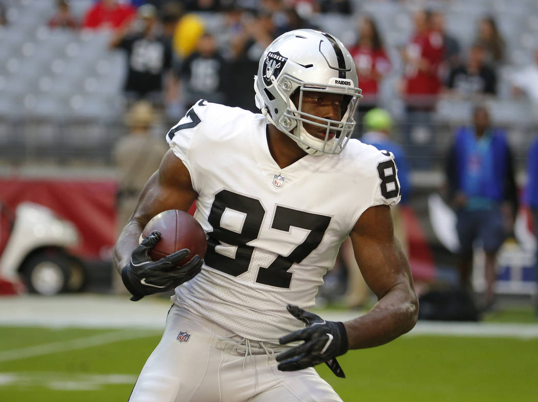 Oakland Raiders tight end Jared Cook (87) during an NFL football game against the Arizona Cardinals, Sunday, Nov. 18, 2018, in Glendale, Ariz. (AP Photo/Rick Scuteri)