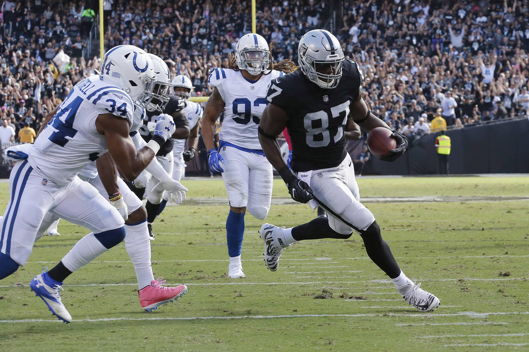 Oakland Raiders tight end Jared Cook (87) touchdown during a NFL football game between the Indianapolis Colts and the Oakland Raiders Sunday October 28. 2018 at the Oakland County Coliseum Oakland ...