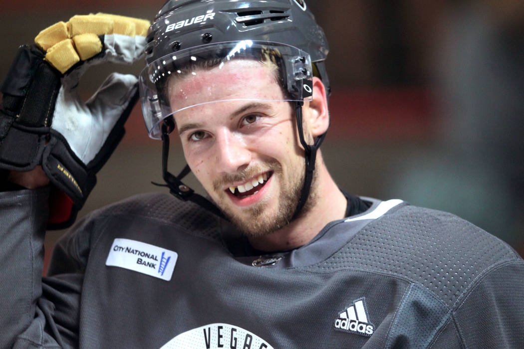 Vegas Golden Knights defenseman Shea Theodore during practice at City National Arena in Las Vegas Thursday, Sept. 27, 2018. It was his first practice after signing a 7-year, $36.4 millio ...