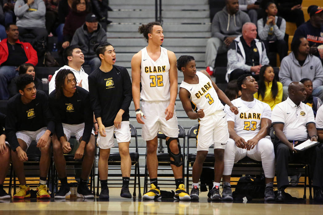 Clark senior forward Ian Alexander (32) stands up as he watches from the sidelines during a game against Durango at Clark High School in Las Vegas, Tuesday, Dec. 4, 2018. Caroline Brehman/Las Vega ...