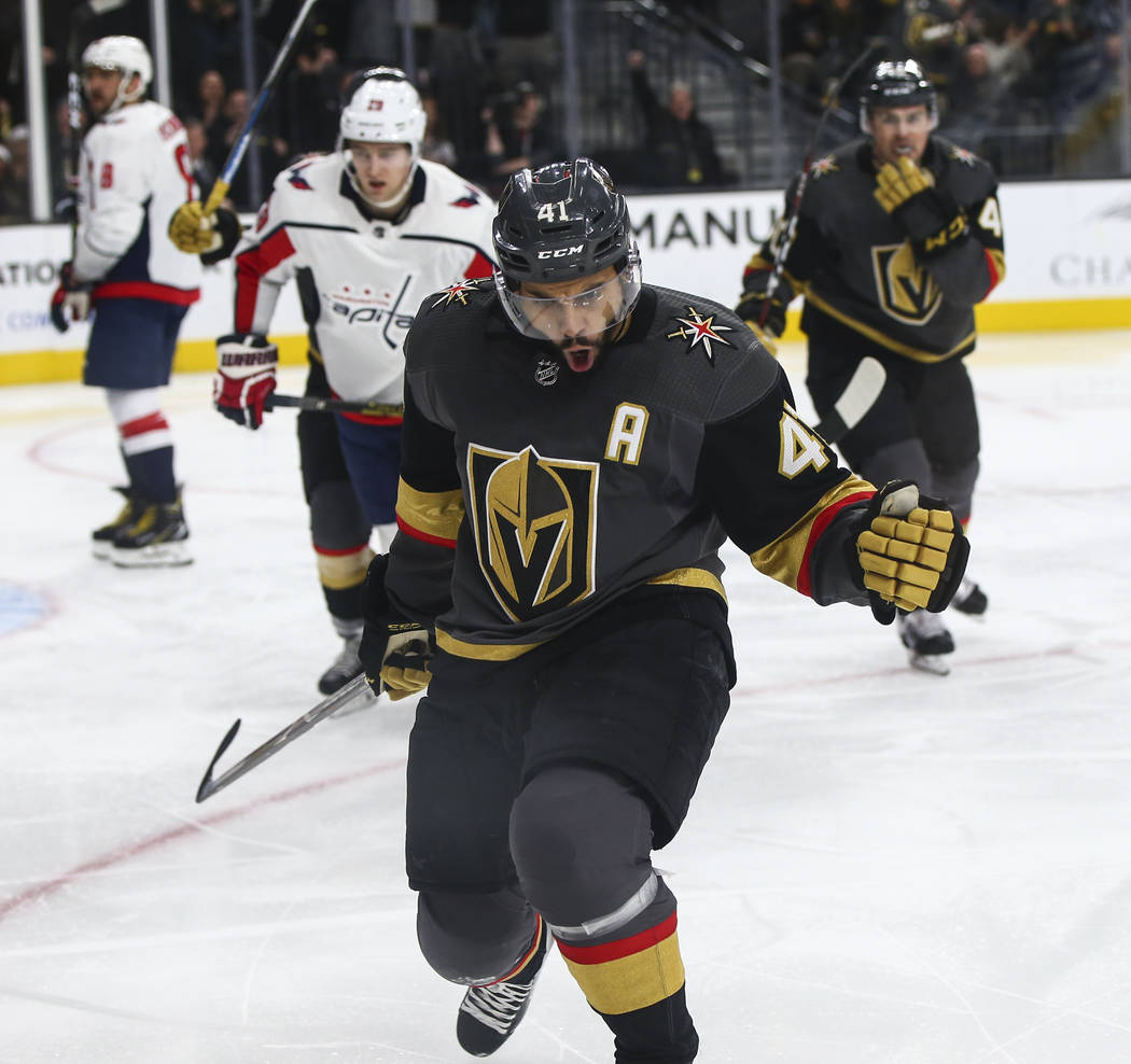 Golden Knights center Pierre-Edouard Bellemare (41) celebrates his goal against the Washington Capitals during the third period of an NHL hockey game at T-Mobile Arena in Las Vegas on Tuesday, Dec ...