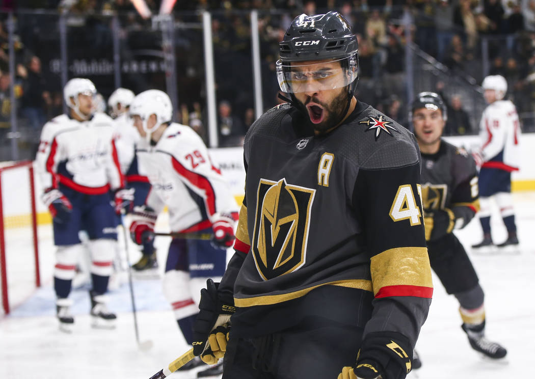 Golden Knights center Pierre-Edouard Bellemare (41) celebrates his goal against the Washington Capitals during the third period of an NHL hockey game at T-Mobile Arena in Las Vegas on Tuesday, Dec ...