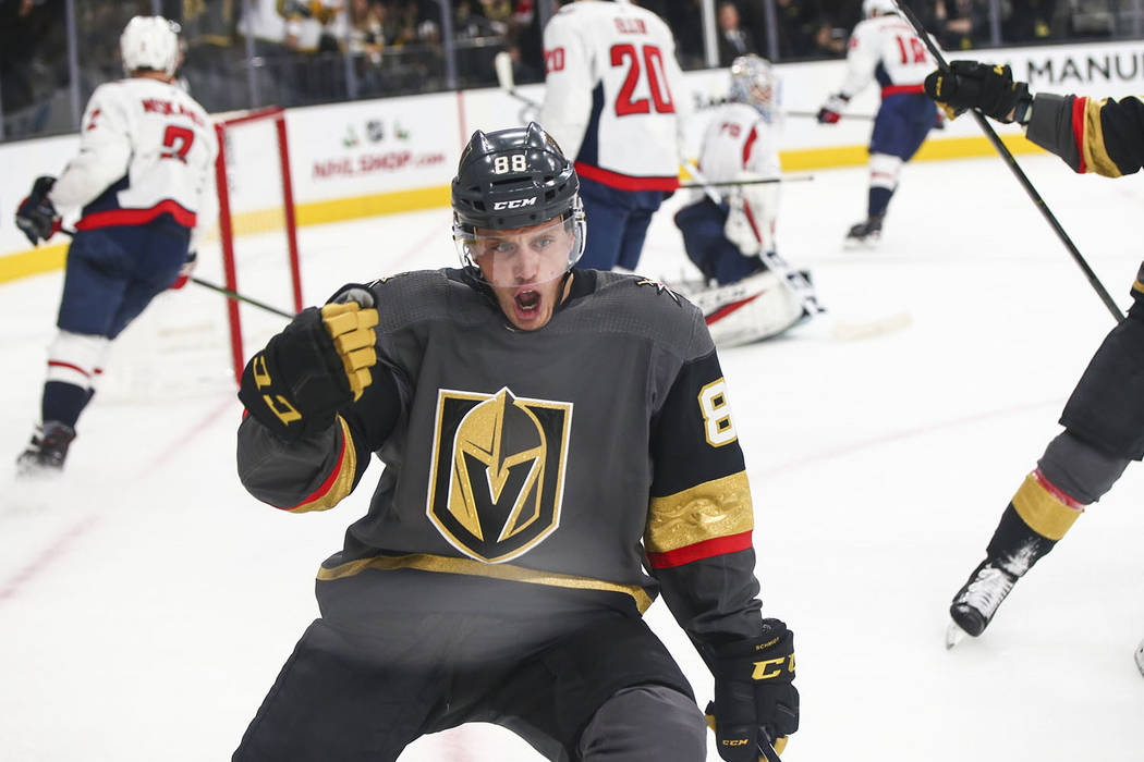 Golden Knights defenseman Nate Schmidt (88) celebrates his goal against the Washington Capitals during the third period of an NHL hockey game at T-Mobile Arena in Las Vegas on Tuesday, Dec. 4, 201 ...