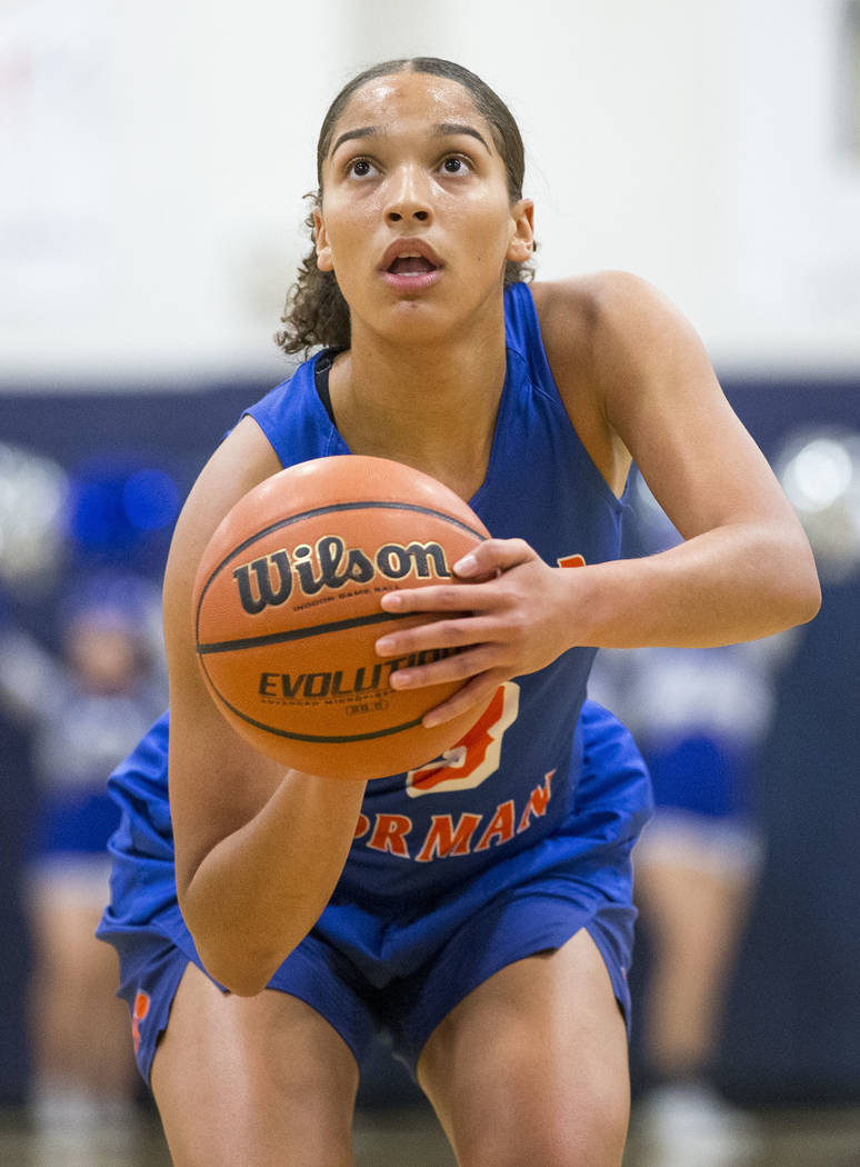 Bishop Gorman's Georgia Ohiaeri (3) takes a free throw shot against Spring Valley during the first half of a varsity basketball game at Spring Valley High School in Las Vegas on Tuesday, Dec. 4, 2 ...