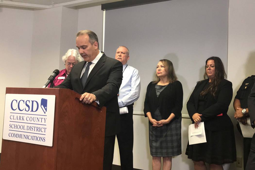 Clark County School District Superintendent Jesus Jara announced the creation of an advisory committee to tackle the issue of guns on school grounds on Wednesday, Sep. 12, 2018. (Las Vegas Review- ...