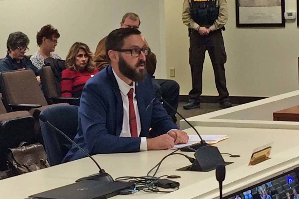 Greg Hafen II addresses the Nye County Commission on Wednesday, Dec. 5, when he was nominated by that board for Dennis Hof's vacant Assembly District 36 seat. (Robin Hebrock/Pahrump Valley Times)