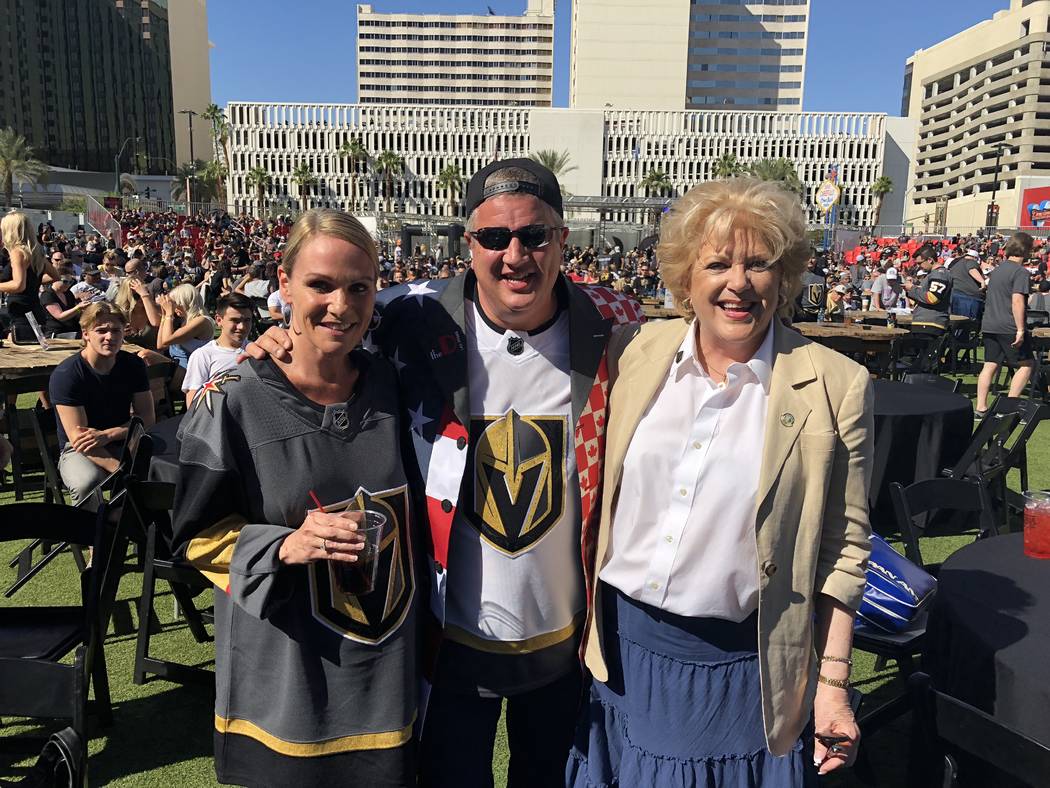 D Las Vegas co-owner Derek Stevens is shown with his wife, Nicole, and Las Vegas Mayor Carolyn Goodman at the official Vegas Golden Knights viewing party at Downtown Las Vegas Events Center on Sat ...
