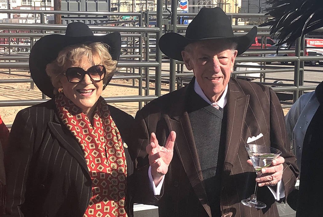 Las Vegas Mayor Carolyn Goodman and former Mayor Oscar Goodman are shown with showgirl models at the ribbon-cutting for Core Arena at the Plaza on Tuesday, Dec. 4, 2018. (John Katsilometes/Las Veg ...