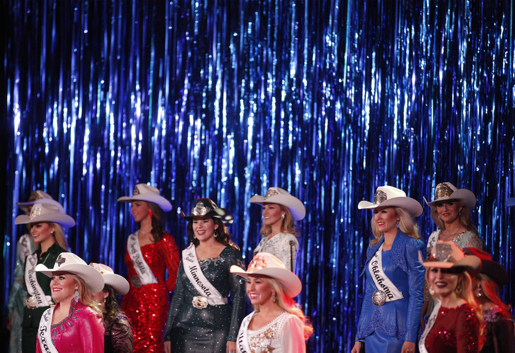 Contestants at the Miss Rodeo America 2019 at the Tropicana hotel-casino in Las Vegas, Sunday, Dec. 9, 2018. Sunday was the final day of the more than week long competition that includes horsemans ...