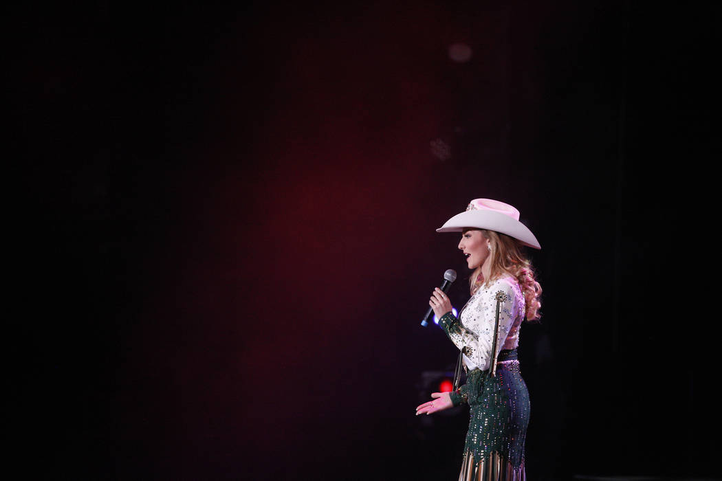 Miss Rodeo Idaho Sydney Butler answers a question from he judges at the Miss Rodeo America 2019 ...