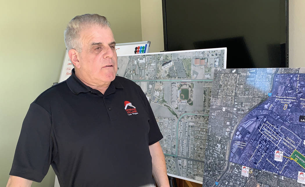 Arnold Stalk of Veterans Village speaks at the unveiling of a new tiny home model on Tuesday, Dec. 11, 2018, at Veterans Village II, 50 N. 21st Street in Las Vegas. The organization will be buildi ...