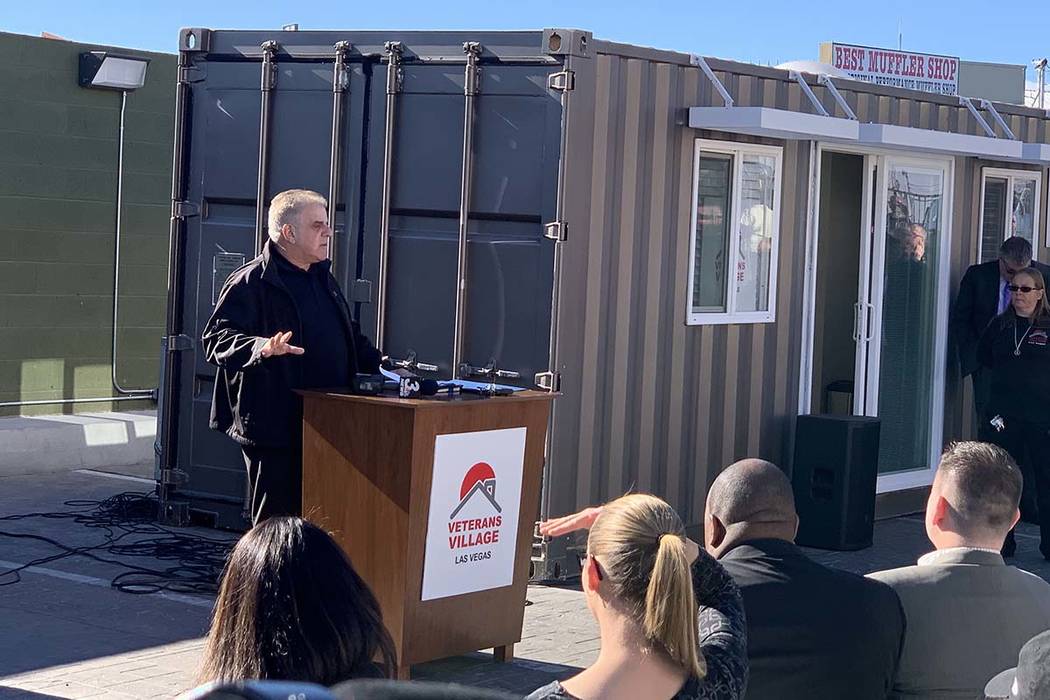 Arnold Stalk speaks at the unveiling of a new tiny home model on Tuesday, Dec. 11, 2018, at Veterans Village II, 50 N. 21st Street in Las Vegas. The organization will be building 10 of these conta ...