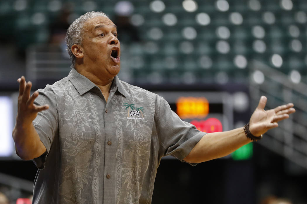 UNLV head coach Marvin Menzies reacts to play as his team takes on Indiana State during the second half of an NCAA college basketball game at the Diamond Head Classic, Sunday, Dec. 23, 2018, in Ho ...