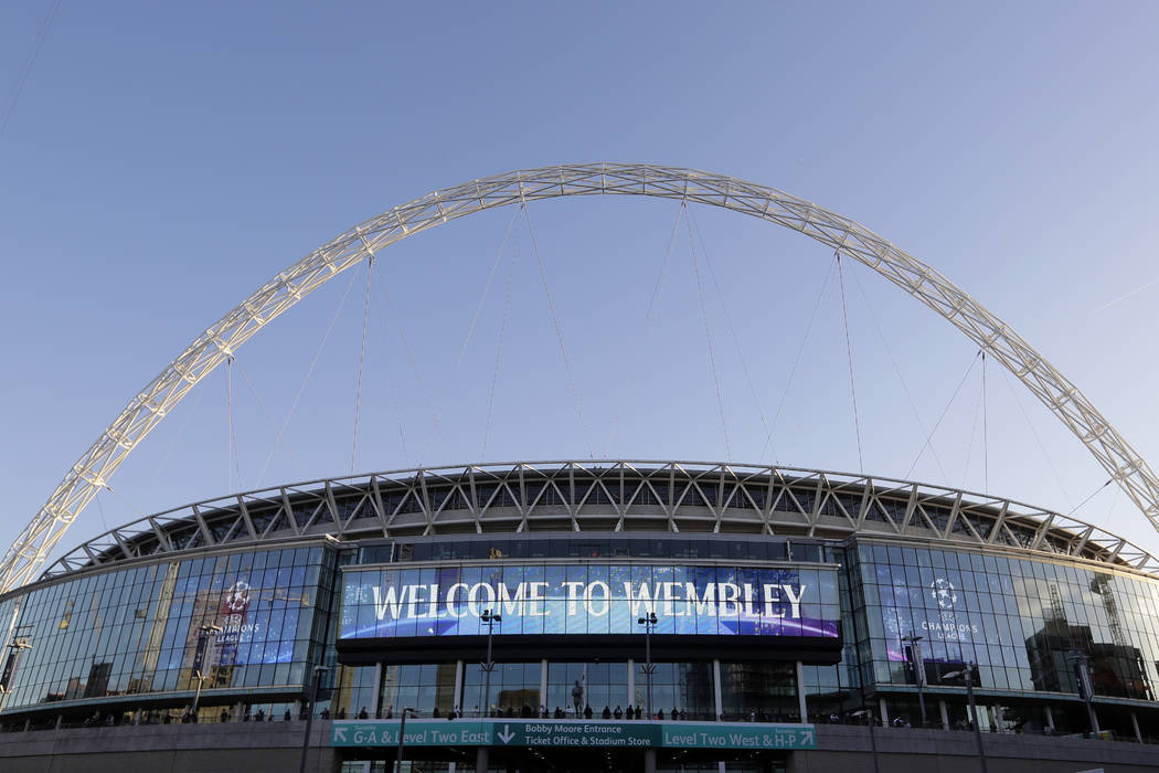 This Wednesday, Oct. 3, 2018, file photo, shows a view of the exterior of Wembley Stadium in London. (AP Photo/Kirsty Wigglesworth, File)