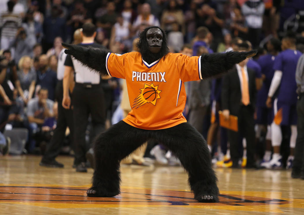 The Phoenix Suns mascot The Gorilla performs in the second half during an NBA basketball game against the Memphis Grizzlies, Sunday, Nov. 4, 2018, in Phoenix. The Suns defeated the Grizzlies 102-1 ...