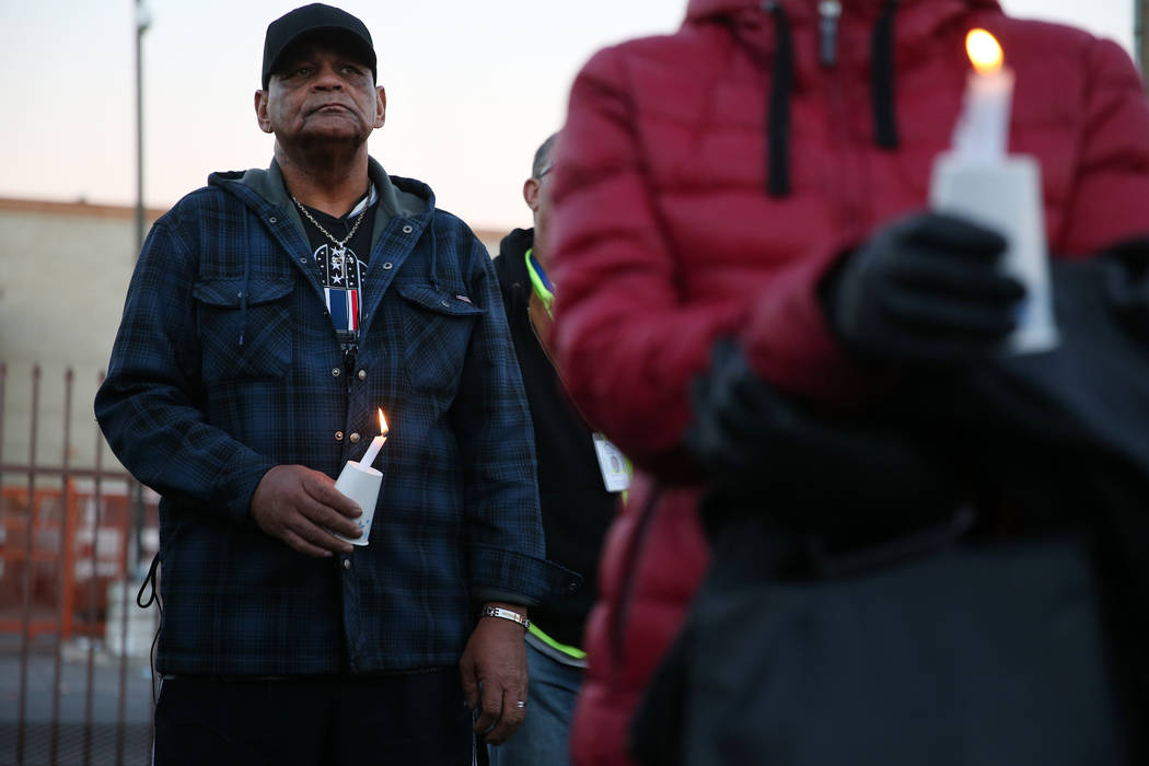 Marvin Hampton, who is homeless, attends the 23rd Annual Homeless Candlelight Vigil at the CARE Complex in Las Vegas, Thursday, Dec. 13, 2018. Hampton says he knows at least four homeless people w ...