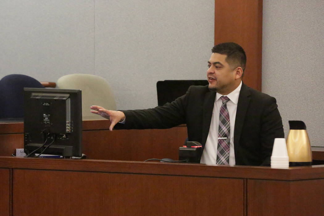 Paul Valdez, one of two former Nevada Department of Corrections officers accused of using unnecessary force on an inmate, details the incident to a jury on Friday, December 14, 2018. Michael Quine ...