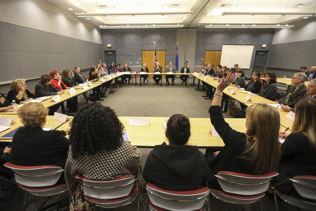 Gov.-elect Steve Sisolak and members of his transition committee during a roundtable titled “A Healthy Nevada for All.” at the National Atomic Testing Museum in Las Vegas on Friday, ...