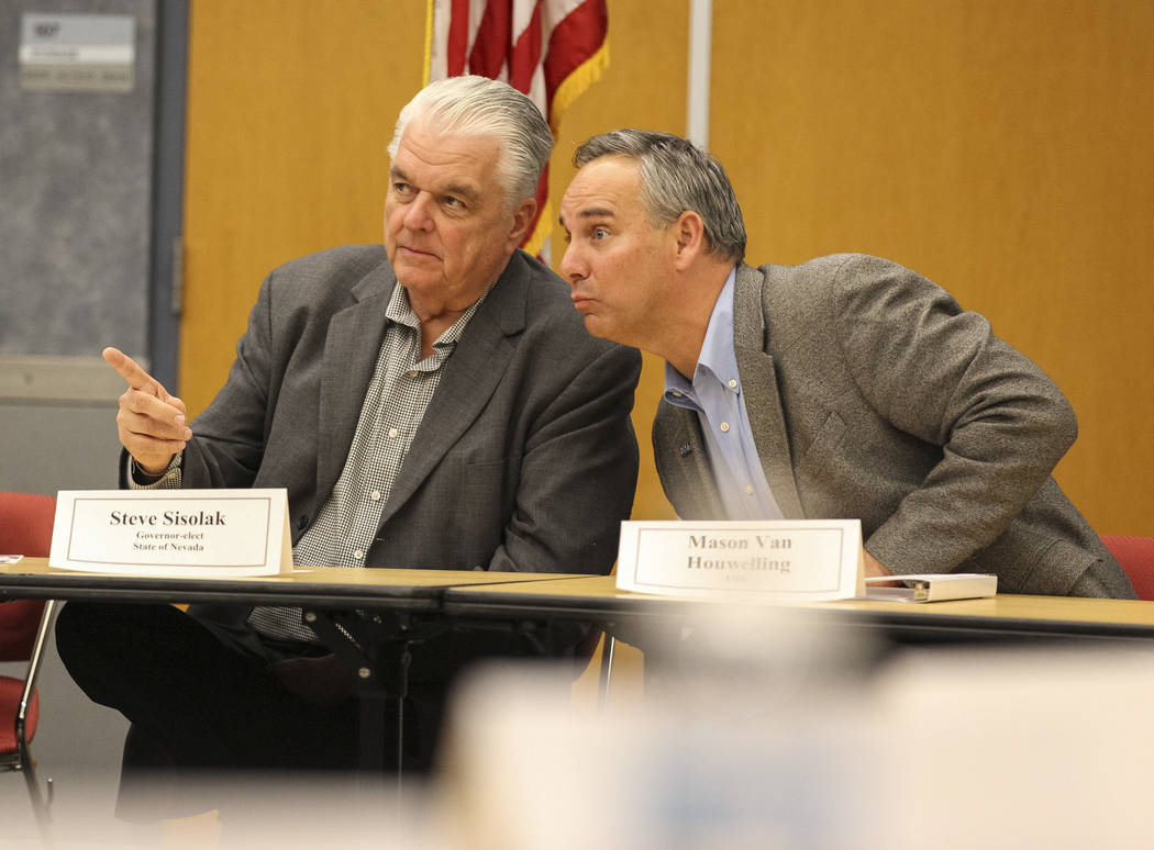 Gov.-elect Steve Sisolak and UMC's Mason Van Houwelling take questions during a roundtable titled "A Healthy Nevada for All." at the National Atomic Testing Museum in Las Vegas on Friday ...