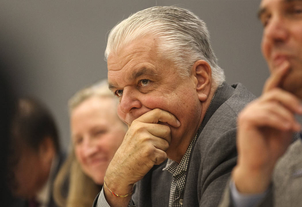 Gov.-elect Steve Sisolak is flanked by Culinary Health Fund's Bobbette Bond, left, and UMC's Mason Van Houwelling during a roundtable titled "A Healthy Nevada for All." at the National Atomic Test ...