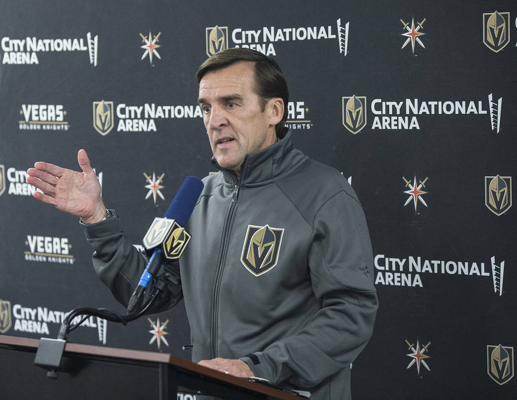 Golden Knights general manager George McPhee takes questions during a press conference after practice on Wednesday, Oct. 3, 2018, at City National Arena, in Las Vegas. Benjamin Hager Las Vegas Rev ...