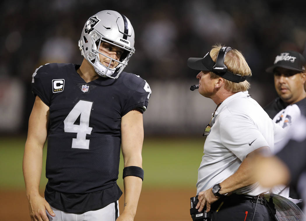 Las Vegas Raiders quarterback Derek Carr talks with head coach Jon Gruden  during the first half of an NFL football game against the Los Angeles  Chargers, Monday, Oct. 4, 2021, in Inglewood