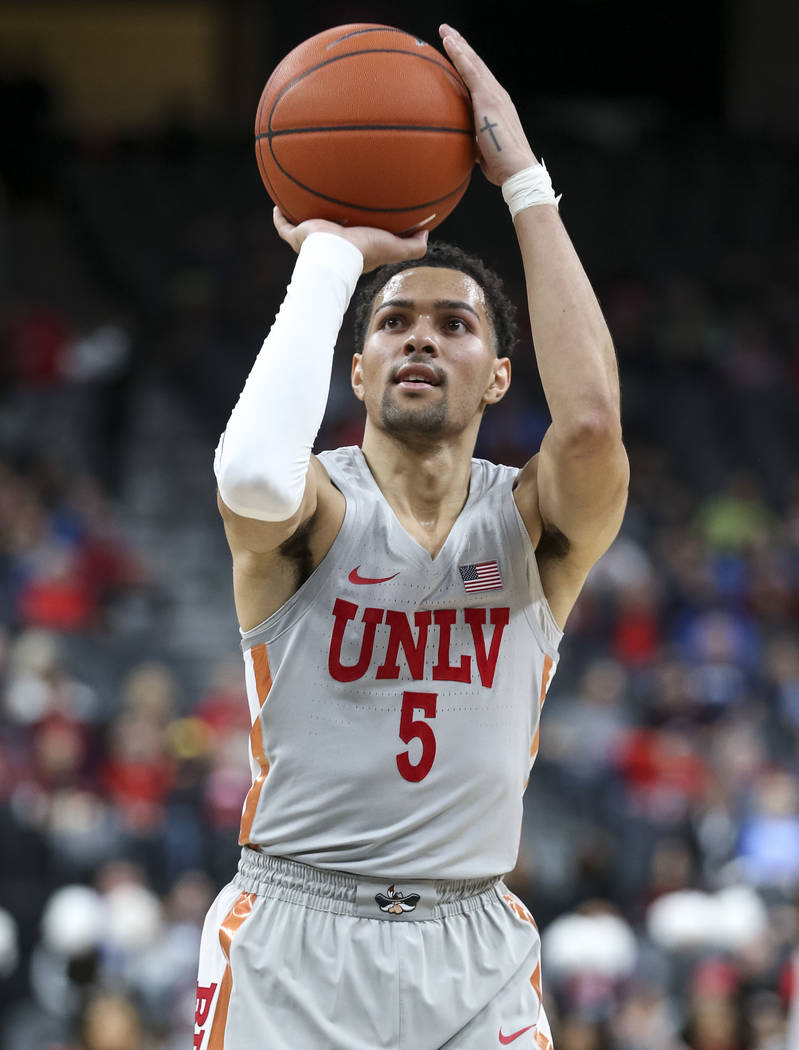 UNLV Rebels guard Noah Robotham (5) shoots a free throw against the Brigham Young Cougars during the first half of an NCAA college basketball game at T-Mobile Arena in Las Vegas on Saturday, Dec. ...