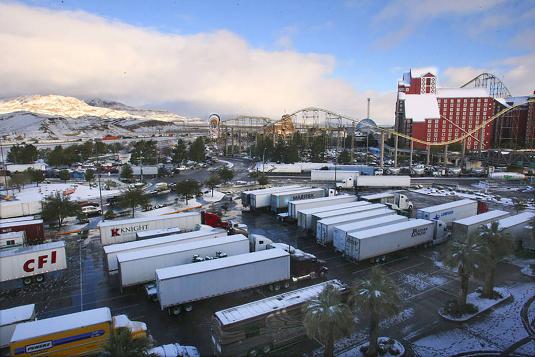 Hundreds of semi truckers took refuge in casino parking lots after Interstate 15 into California was closed at Primm on Dec. 18, 2008. The freeway became a parking lot as casino parking was filled ...