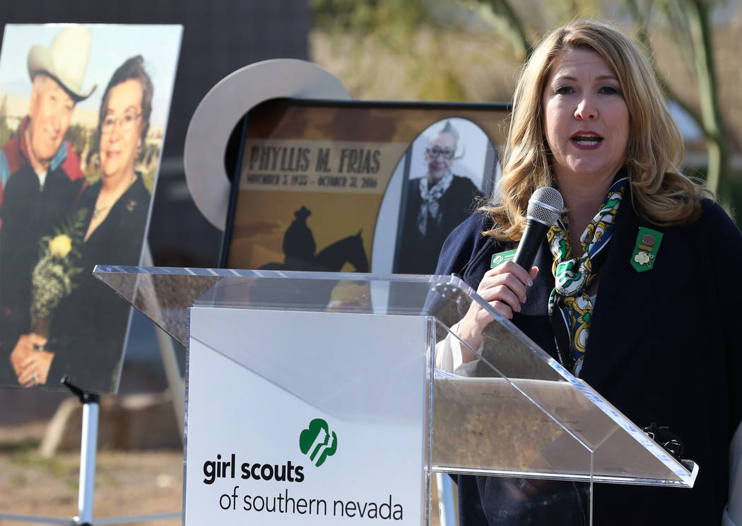 Kimberly Trueba, CEO, Girl Scouts of Nevada, speaks during a press conference on Tuesday, Dec, 18, 2018, in Las Vegas where John Mowbray, not photographed, trustee of the Charles and Phyllis M. Fr ...