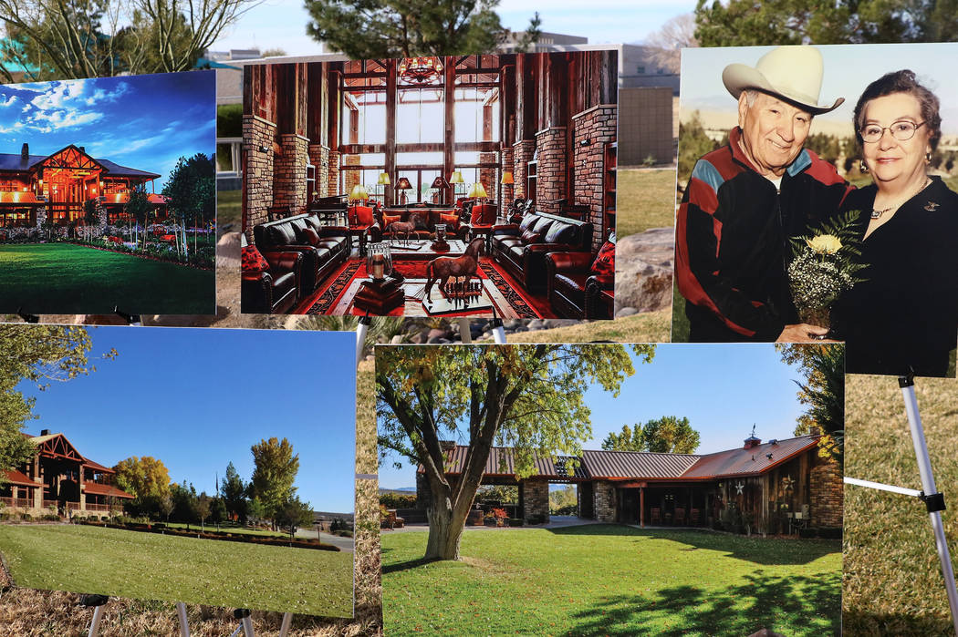 Photographs of Charles and Phyllis M. Frias, right, and their property are displayed during a press conference on Tuesday, Dec, 18, 2018, in Las Vegas where John Mowbray, not photographed, trustee ...