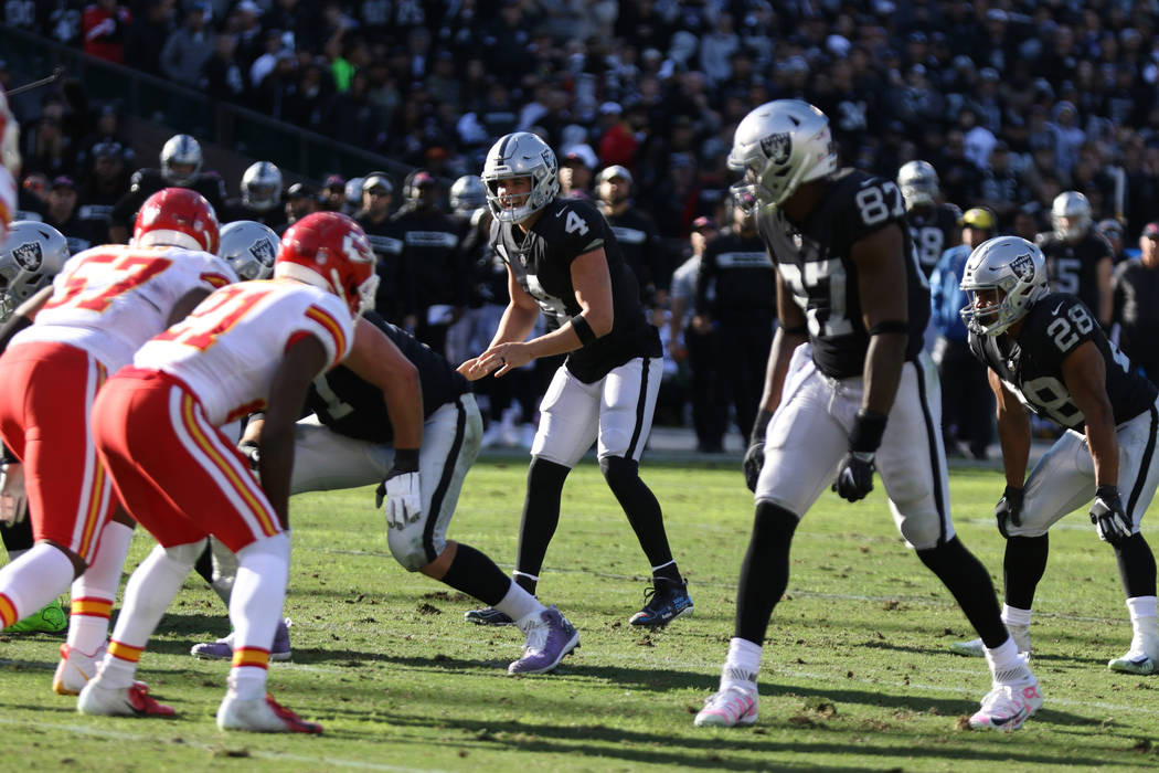 Oakland Raiders quarterback Derek Carr (4) calls an audible at the line of scrimmage during the first half of an NFL game against the Kansas City Chiefs in Oakland, Calif., Sunday, Dec. 2, 2018. H ...