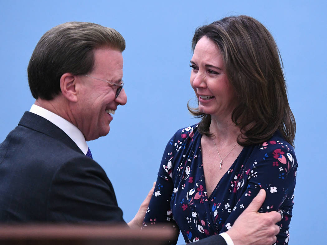 Lowell Milken, chairman and co-founder of the Milken Family Foundation, congratulates Wendy Shirey on her award on Wednesday, Dec. 19 at Pinecrest Academy Horizon. (Milken Family Foundation)