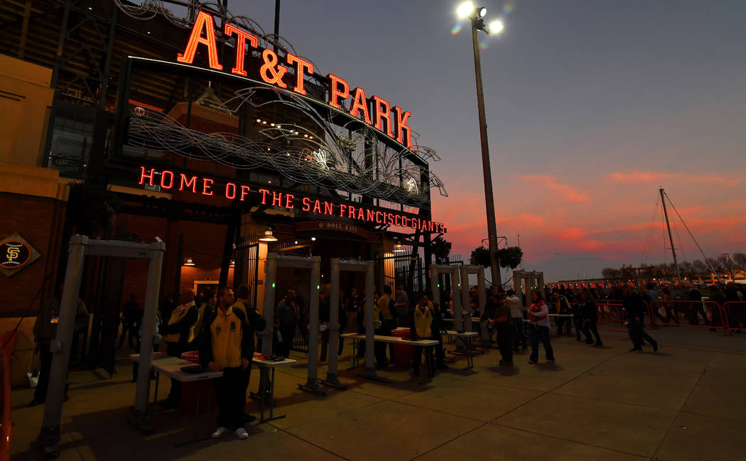 Security workers wait for the crowd to arrive before Metallica performed at the CBS Radio Night Before event at AT&T Park on February 6, 2016, in San Francisco,CA. (Photo by John Pyle/Invisio ...