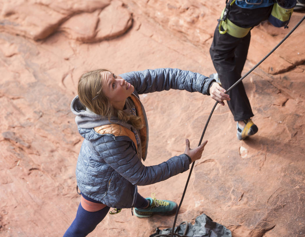Cassandra “Sanni” McCandless spots a fellow climber at The Gallery at Red Rock Canyon on Monday, Dec. 17, 2018, in Las Vegas. Benjamin Hager Las Vegas Review-Journal